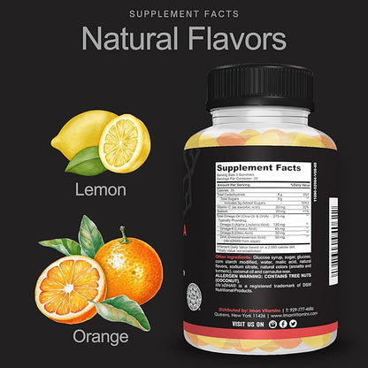 Halal Omega 3 6 9 + DHA Gummies for Adults | Supports Eyes, Brain, Immune & Heart Health | Vegetarian & Gluten Free| Vitamin C, Essential Fatty Acids & Plant-Based | 60 Count