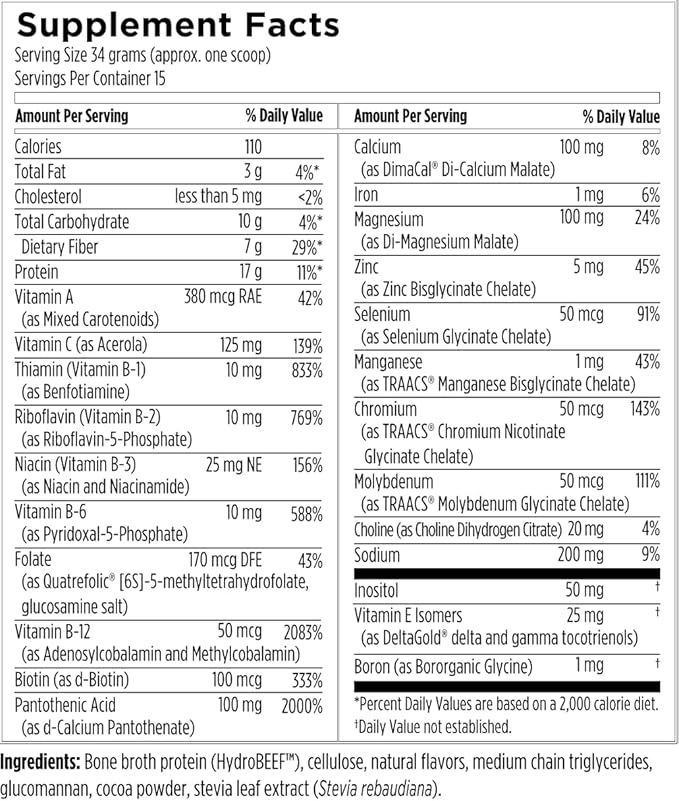 Designs for Health Pure PaleoMeal - Bone Broth Protein Powder with 17g Protein, Meal Replacement Shake Dietary Supplement with Active Folate + Chelated Minerals, Chocolate (15 Servings / 510g)