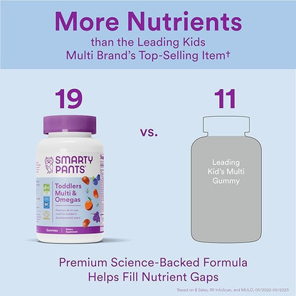 SmartyPants Toddler Multivitamin Gummies: Omega 3 Fish Oil (EPA/DHA), Vitamin D3, C, Vitamin B12, B6, Vitamin A, K & Zinc, Beta Carotene, Gluten Free, Three Fruit Flavors, 70 Count (23 Day Supply)