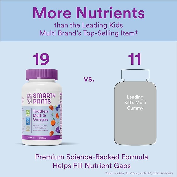 SmartyPants Toddler Multivitamin Gummies: Omega 3 Fish Oil (EPA/DHA), Vitamin D3, C, Vitamin B12, B6, Vitamin A, K & Zinc, Beta Carotene, Gluten Free, Three Fruit Flavors, 90 Count (30 Day Supply)