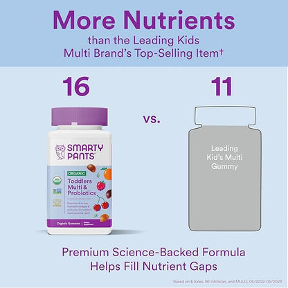 SmartyPants Organic Toddler Multivitamin, Daily Gummy Vitamins: Probiotics, Vitamin C, D3, Zinc, & B12 for Immune Support, Energy & Digestive Health, Fruit Flavor, 60 Gummies, 30 Day Supply