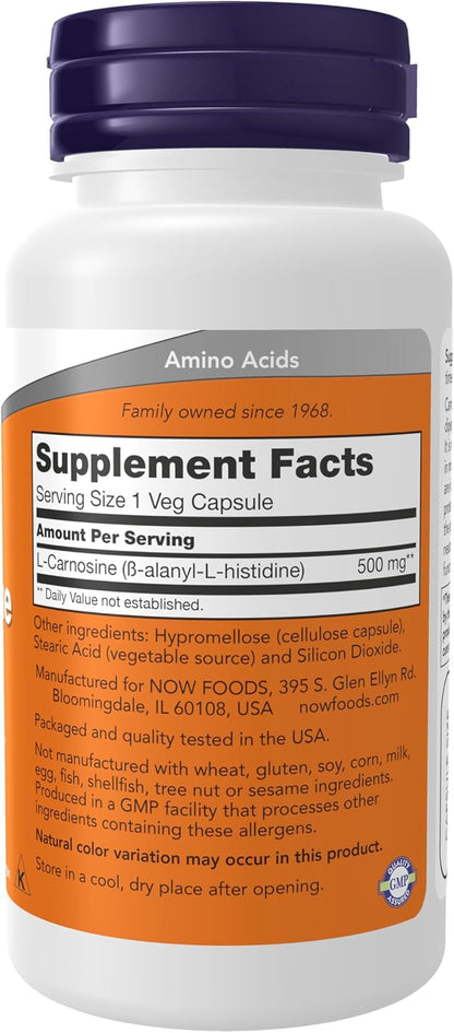 NOW Foods Supplements, L-Carnosine (Beta-Alanyl-L-Histidine) 500 mg, Healthy Aging, 50 Veg Capsules