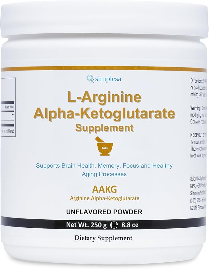 Simplesa AAKG Arginine Powder, L-Arginine Alpha-Ketoglutarate Supplement, 2000mg Per Serving, Supports Brain Health, Memory, Focus and Healthy Aging Processes, 250g Powder Supplement