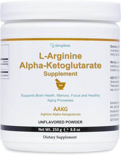 Simplesa AAKG Arginine Powder, L-Arginine Alpha-Ketoglutarate Supplement, 2000mg Per Serving, Supports Brain Health, Memory, Focus and Healthy Aging Processes, 250g Powder Supplement