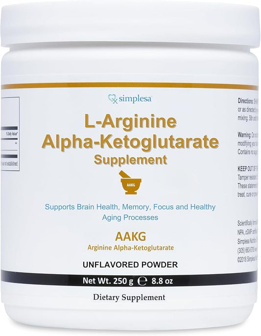 Simplesa AAKG Arginine Powder, L-Arginine Alpha-Ketoglutarate Supplement, 2000mg Per Serving, Supports Brain Health, Memory, Focus and Healthy Aging Processes, 250g Powder Supplement