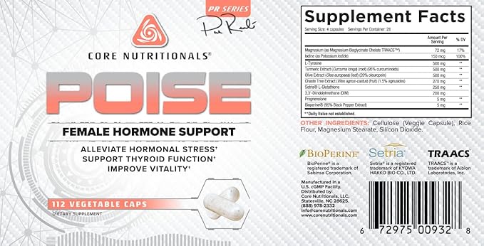 Core Nutritionals Poise Female Hormone,Thyroid, and Stress Support, Minerals and Herbs to Relieve Menstrual Symptoms 112 Capsules