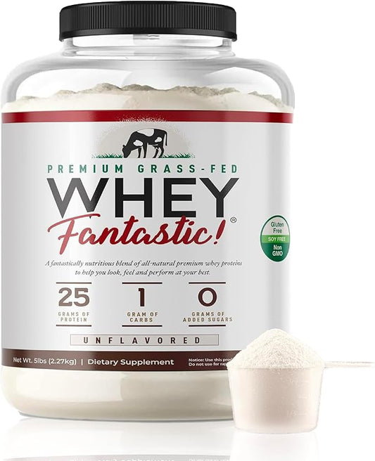 Whey Fantastic Unflavored - 100% Natural Grass Fed Whey Protein Powder - Unique 3-Whey Blend of Whey Isolate, Concentrate & Hydrolysate Provides 25g of Protein per Serving - 5lb - 75 Servings