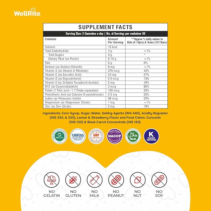 Kids Multivitamin & Mineral Gummy Vitamins which Provide Overall Development & Growth, 60 Count, Lemon & Strawberry Flavored, Vegan, Gelatin Free, Gluten Free, Nut Free