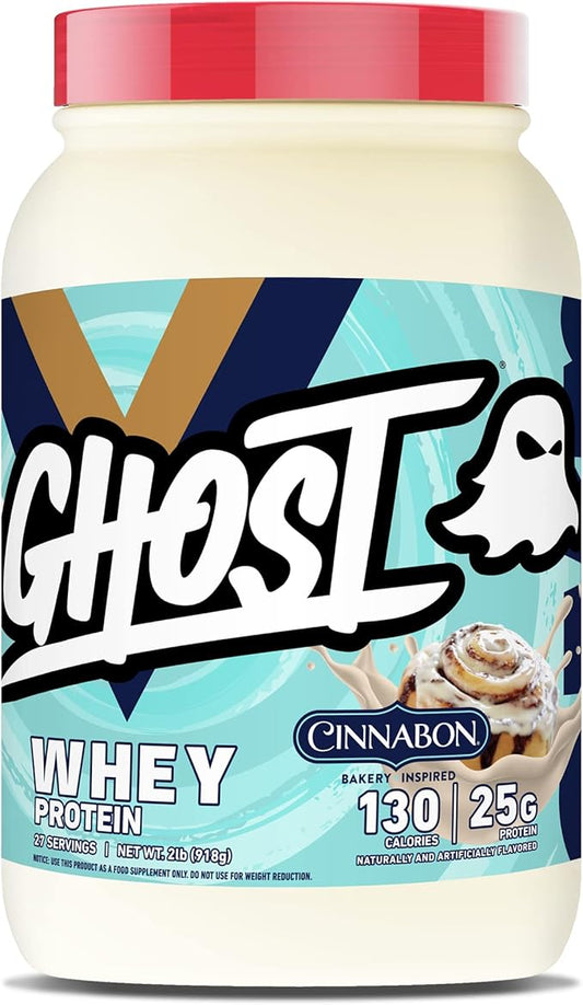 GHOST Whey Protein Powder, Cinnabon - 2LB Tub, 25G of Protein - Cinnamon Roll Flavored Isolate, Concentrate & Hydrolyzed Whey Protein Blend - Post Workout Shakes - Soy & Gluten Free