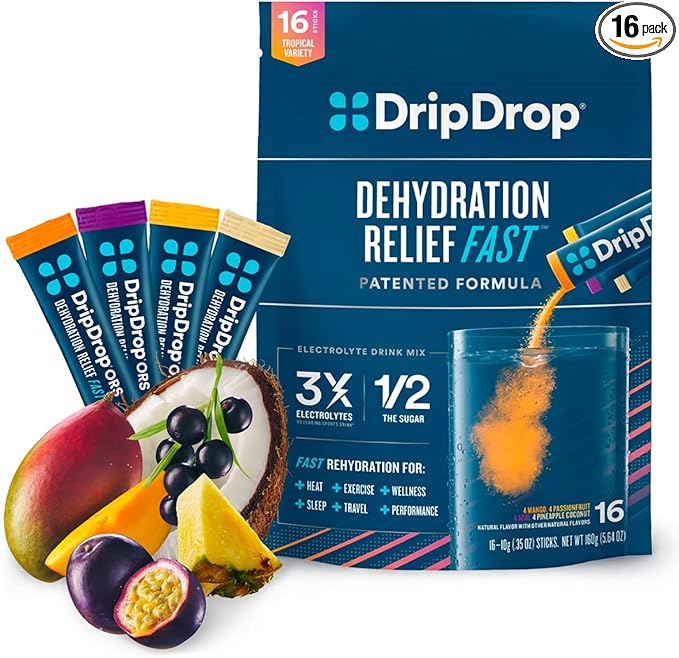 DripDrop Hydration - Tropical Variety Pack - Electrolyte Drink Mix Single Serve Hydration Powder Packets - Mango, Açaí, Passion Fruit, Pineapple Coconut | Non-GMO, Gluten Free, Vegan | 16 Sticks
