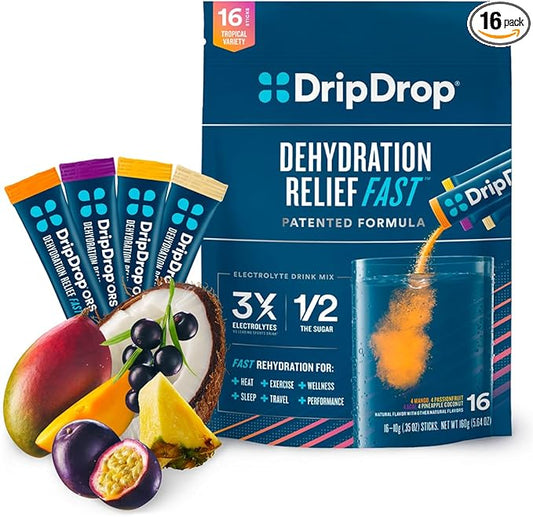 DripDrop Hydration - Tropical Variety Pack - Electrolyte Drink Mix Single Serve Hydration Powder Packets - Mango, Açaí, Passion Fruit, Pineapple Coconut | Non-GMO, Gluten Free, Vegan | 16 Sticks