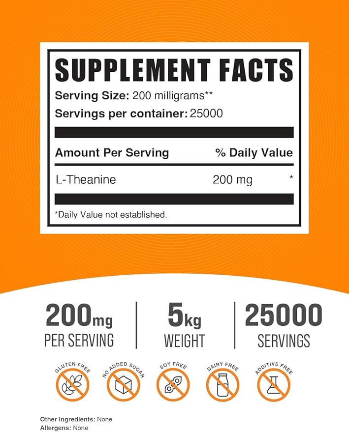 BulkSupplements.com L-Theanine Powder - L-Theanine Supplement, L-Theanine 200mg - Amino Amino Supplement, Pure & Gluten Free, 200mg per Serving, 5kg (11 lbs) (Pack of 5)