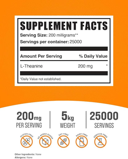 BulkSupplements.com L-Theanine Powder - L-Theanine Supplement, L-Theanine 200mg - Amino Amino Supplement, Pure & Gluten Free, 200mg per Serving, 5kg (11 lbs) (Pack of 5)