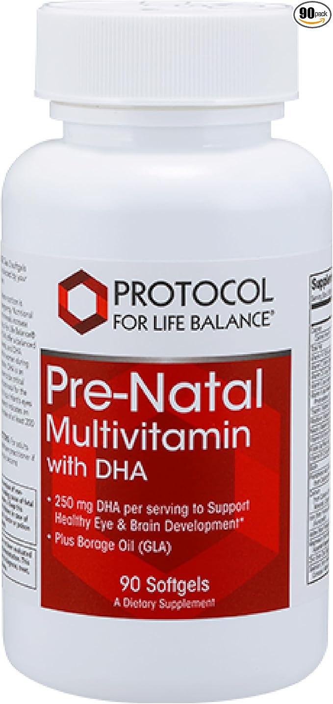 Protocol Pre-Natal Multivitamin with DHA - 250 mg DHA - for Pregnancy & Lactation Support* - with DHA, Calcium, Copper, B12 & Vitamin C - Halal & Dairy Free - 90 Softgels