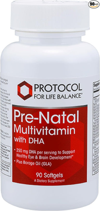 Protocol Pre-Natal Multivitamin with DHA - 250 mg DHA - for Pregnancy & Lactation Support* - with DHA, Calcium, Copper, B12 & Vitamin C - Halal & Dairy Free - 90 Softgels
