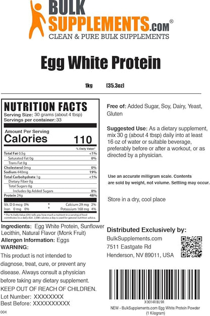 BulkSupplements.com Egg White Protein Powder - Egg White Powder, Lactose Free & Dairy Free Protein Powder - Unflavored & Gluten Free, 30g per Serving, 1kg (2.2 lbs) (Pack of 1)