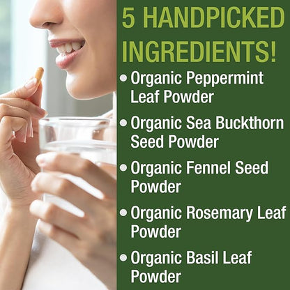 USDA Organic IBS Capsules for Relief, Ingestion, Bloating, Gas. Irritable Bowel Supplement with 5 Handpicked Organic Ingredients. Peppermint Oil, Sea Buckthorn, Fennel Seed, Rosemary Leaf, Basil Leaf