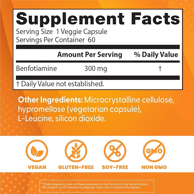 Doctor's Best Benfotiamine 300 with BenfoPure, Helps Maintain Healthy Glucose Metabolism, Non-GMO, Vegan, Gluten Free, Soy Free, 300 mg, 60 Veggie Caps