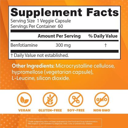 Doctor's Best Benfotiamine 300 with BenfoPure, Helps Maintain Healthy Glucose Metabolism, Non-GMO, Vegan, Gluten Free, Soy Free, 300 mg, 60 Veggie Caps