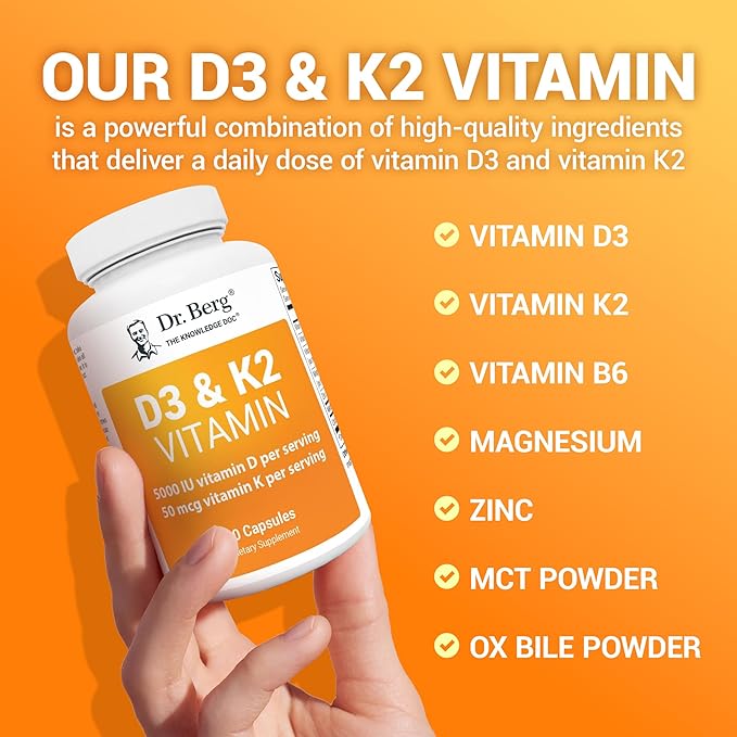 Dr. Berg D3 K2 Vitamin 5000 IU w/MCT Powder - Includes 50 mcg MK7 Vitamin K2, Purified Bile Salts, Zinc & Magnesium for Ultimate Absorption - K2 D3 Vitamin Supplement - 60 Capsules