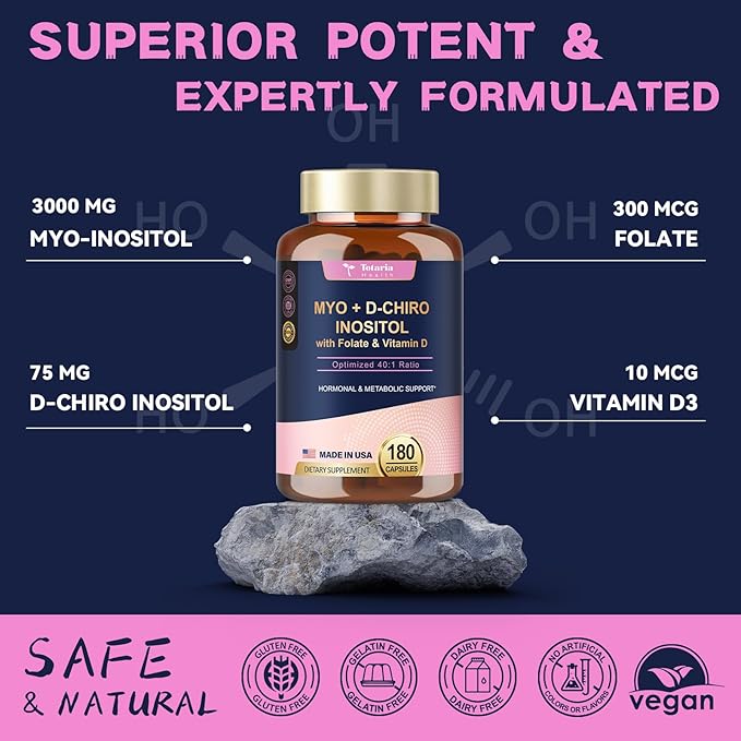 Inositol Supplement for Women with Vitamin D3, Folate, 40:1 Ratio Myo-Inositol 3000mg & D-Chiro Inositol 75mg Complex, (Vitamin B8) Inositol Capsules, 180 Capsules, 60 Servings