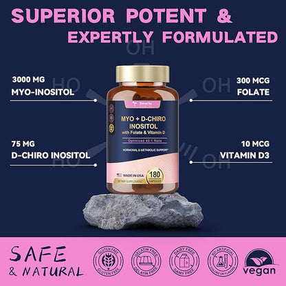 Inositol Supplement for Women with Vitamin D3, Folate, 40:1 Ratio Myo-Inositol 3000mg & D-Chiro Inositol 75mg Complex, (Vitamin B8) Inositol Capsules, 180 Capsules, 60 Servings
