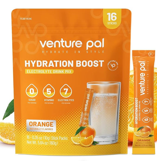 Venture Pal Sugar Free Electrolyte Powder Packets - Liquid Daily IV Drink Mix for Rapid Hydration & Party Recovery | 5 Vitamins & 7 Electrolytes| Keto Friendly | Non-GMO | Certified Vegan | 16 Sticks