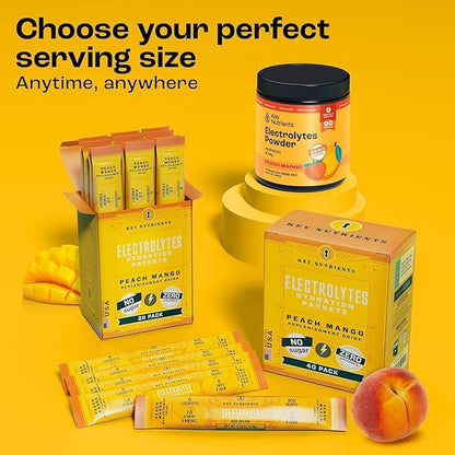 KEY NUTRIENTS Multivitamin Electrolytes Powder No Sugar - Tropical Peach Mango Electrolyte Powder - Endurance & Energy Supplement - Hydration Powder - No Calories - 90 Servings - Made in USA