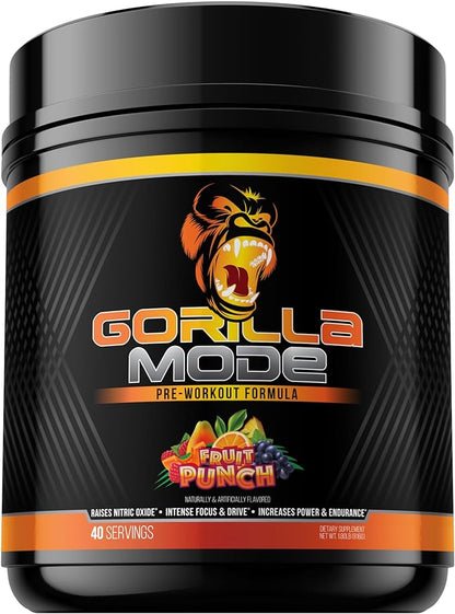 Gorilla Mode Pre Workout - Massive Pumps · Laser Focus · Energy · Power - L-Citrulline, Creatine, L-Tyrosine, Betaine, Hydroprime®, Alpha-GPC, 400mg Caffeine, Huperzine A - 816g (Fruit Punch)