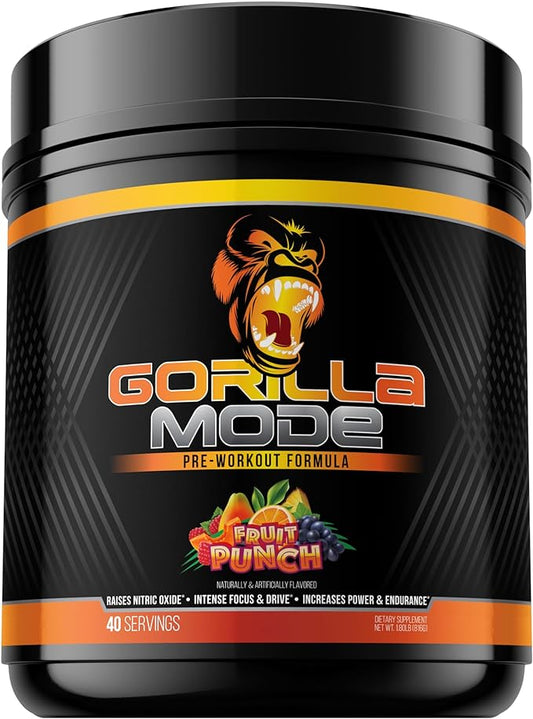 Gorilla Mode Pre Workout - Massive Pumps · Laser Focus · Energy · Power - L-Citrulline, Creatine, L-Tyrosine, Betaine, Hydroprime®, Alpha-GPC, 400mg Caffeine, Huperzine A - 816g (Fruit Punch)