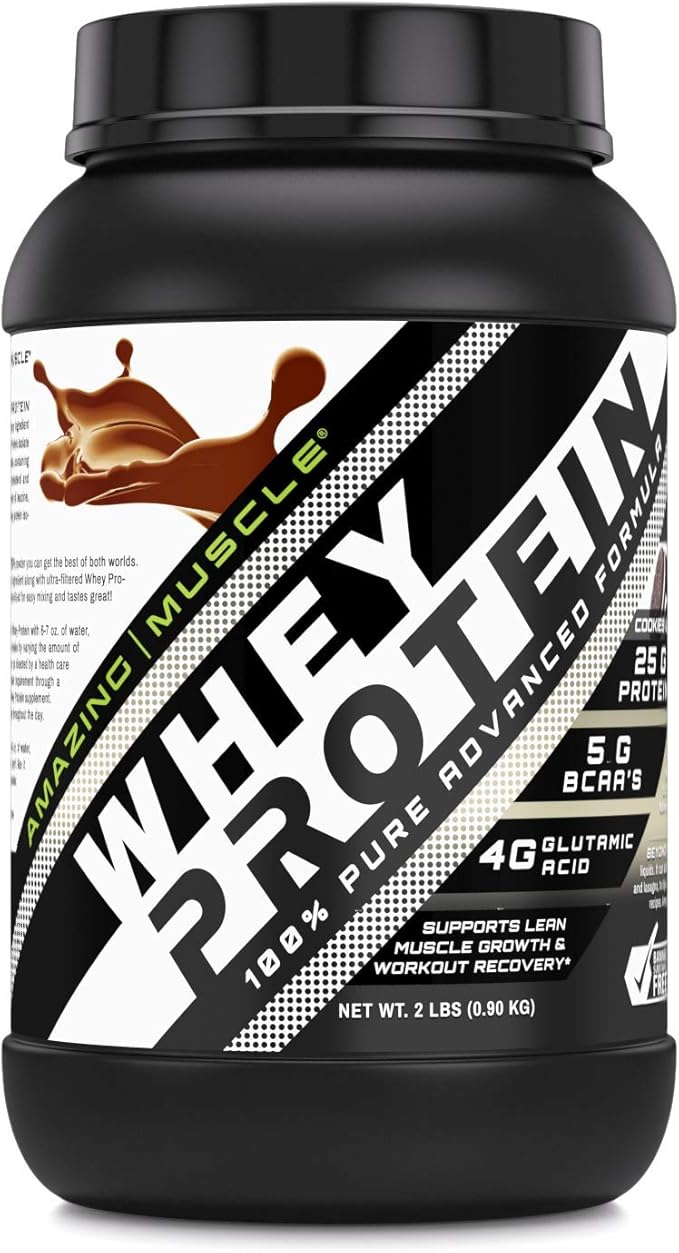 Amazing Muscle 100% Whey Protein Powder *Advanced Formula with Whey Protein Isolate Along with Ultra Filtered Whey Protein Concentrate (Cookie & Cream, 2 Lb)