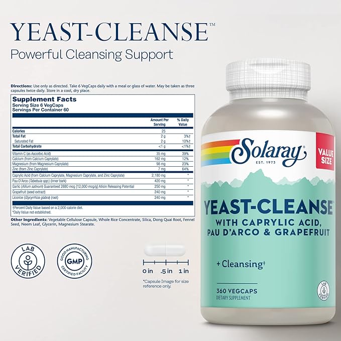 SOLARAY Yeast Cleanse, Detox Cleanse for Healthy Yeast Balance Support, with Caprylic Acid, Pau d'Arco, Licorice Root Extract and Grapefruit Seed Extract, 60-Day Guarantee, 60 Servings, 360 VegCaps