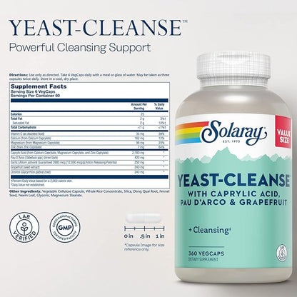 SOLARAY Yeast Cleanse, Detox Cleanse for Healthy Yeast Balance Support, with Caprylic Acid, Pau d'Arco, Licorice Root Extract and Grapefruit Seed Extract, 60-Day Guarantee, 60 Servings, 360 VegCaps