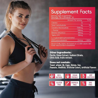 Creatine Monohydrate Gummies for Men & Women 120 CT - 7200mg of Creatine Monohydrate per Serving, Chewable Creatine Monohydrate for Muscle Support & Energy Boost, Sugar Free, Vegan (Strawberry Flavor)