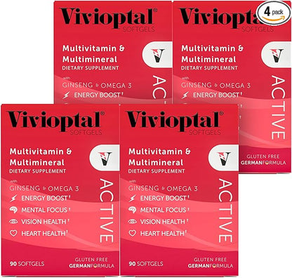 Vivioptal Active, 90 Softgels (1 Year Supply), Ginseng & Omega 3, Multivitamin & Multimineral, Gluten Free, German Formula