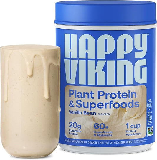Happy Viking Vanilla Plant Protein Powder, Created by Venus Williams, 20G Protein, Low Carb, Keto, Vegan, Gluten-Free, Non-GMO, Superfoods, Complete Meal Replacement, 1 Canister (24 oz.)