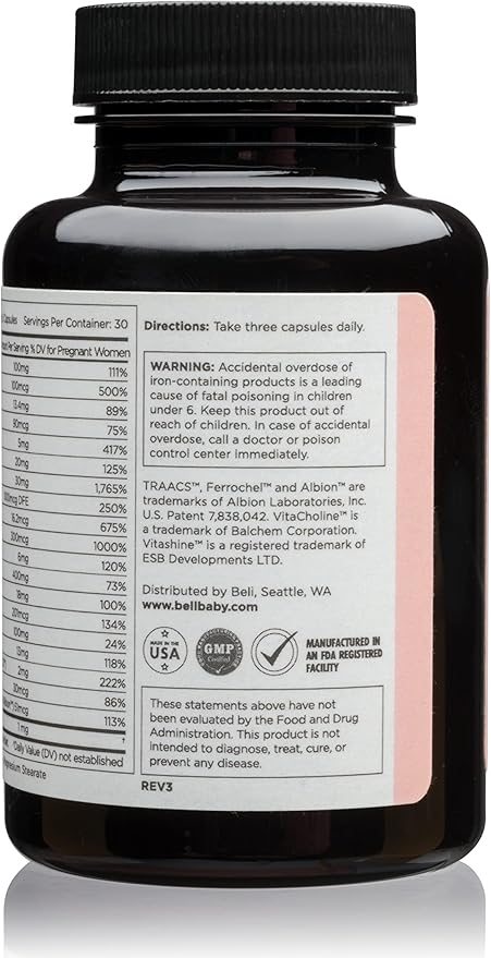 Beli Women Prenatal Multivitamin, for All Stages of Pregnancy, 400mg Choline, Folate, Vitamin D. Supports Egg Quality and Fertility, Gluten & Allergen Free, 90 Vegan Capsules (30-Day Supply)