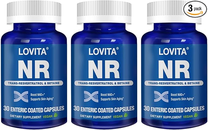 Lovita NR (Nicotinamide Riboside) 350 mg, NAD Supplement with Trans-Resveratrol and Betaine, Promote NAD Plus Levels, Healthy Aging, 30 Vegan Enteric-Coated Capsules (Pack of 3)