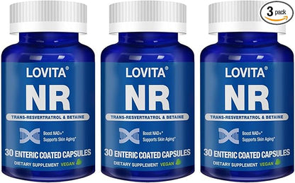 Lovita NR (Nicotinamide Riboside) 350 mg, NAD Supplement with Trans-Resveratrol and Betaine, Promote NAD Plus Levels, Healthy Aging, 30 Vegan Enteric-Coated Capsules (Pack of 3)