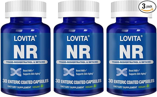 Lovita NR (Nicotinamide Riboside) 350 mg, NAD Supplement with Trans-Resveratrol and Betaine, Promote NAD Plus Levels, Healthy Aging, 30 Vegan Enteric-Coated Capsules (Pack of 3)