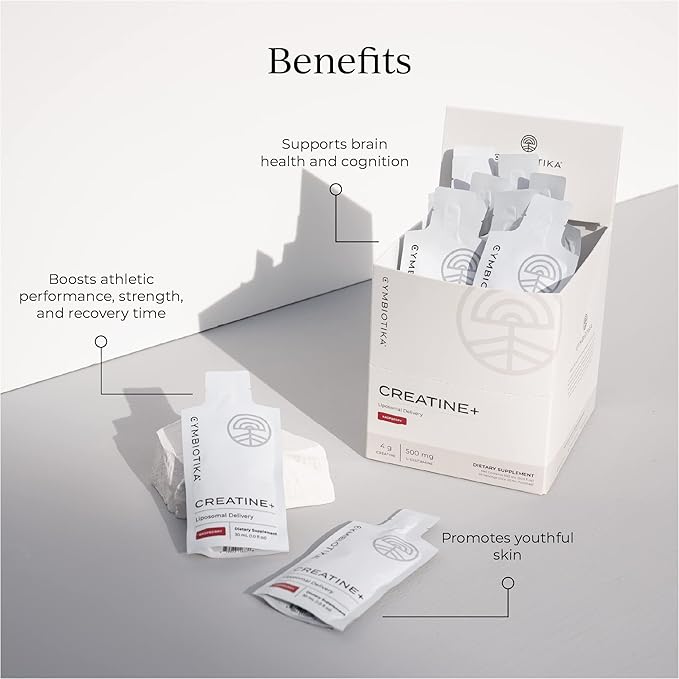 CYMBIOTIKA Creatine+, Creatine and Glutamine Supplement for Amino Energy, Recovery, Muscle Mass & Brain Support, Liposomal Delivery, Gluten Free & Vegan, Raspberry Flavor - 30ml Pouches (Pack of 20)