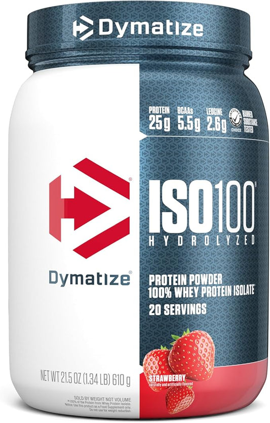 Dymatize ISO100 Hydrolyzed Protein Powder, 100% Whey Isolate Protein, 25g of Protein, 5.5g BCAAs, Gluten Free, Fast Absorbing, Easy Digesting, Strawberry, 20 Servings