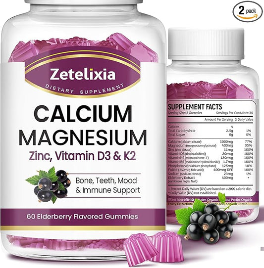 Calcium Gummies for Women Men, Calcium Magnesium Zinc with Vitamin D3 & K2, Calcium Magnesium Supplement for Bones Muscles and Joints, Elderberry Flavor - 120 Count