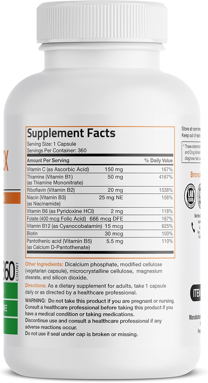 Bronson Vitamin B Complex with Vitamin C - Immune Health, Energy Support & Nervous System Support - Non-GMO, 360 Vegetarian Capsules