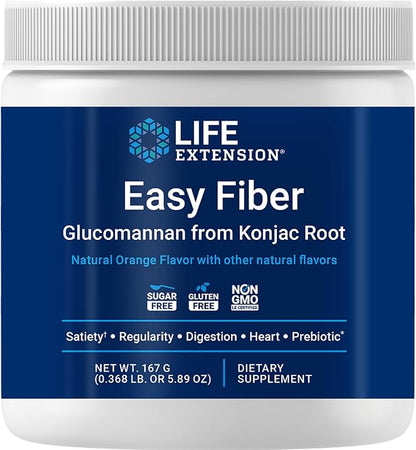 Life Extension Easy Fiber - Glucomannan Fiber, Regularity, Digestion, Heart Health, No Artificial Sweeteners, Vegetarian, Non-GMO, Gluten Free, Sugar Free, Net Wt. 167 G (0.368 Lb. Or 5.89 Oz)