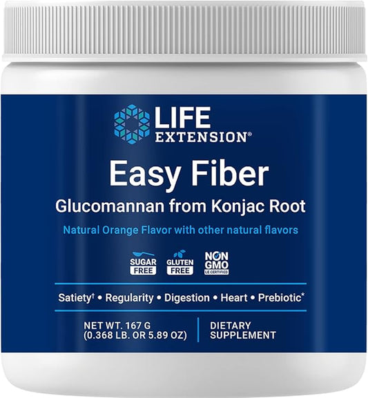 Life Extension Easy Fiber - Glucomannan Fiber, Regularity, Digestion, Heart Health, No Artificial Sweeteners, Vegetarian, Non-GMO, Gluten Free, Sugar Free, Net Wt. 167 G (0.368 Lb. Or 5.89 Oz)