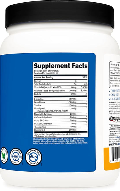 Nutricost Pre-Workout Complex Powder (60 Servings, Peach Mango) - Pre-Workout Supplement with Beta-Alanine, Taurine & Amino Acids