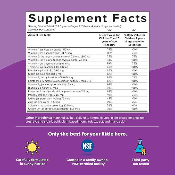 Renzo’s Picky Eater Kids Multivitamin with Iron - Dissolving Kids Vitamins with Vitamin D3 & K2 and More - 60 Sugar-Free Melty Tabs, Lil’ Green Apple Flavored