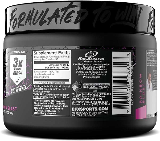 EFX Sports Kre-Alkalyn EFX Powder | pH Correct Creatine Monohydrate Powder Supplement | Strength, Muscle Growth & Performance | 55 Servings (Rainbow Blast)