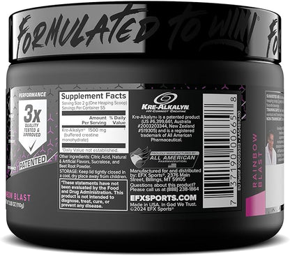 EFX Sports Kre-Alkalyn EFX Powder | pH Correct Creatine Monohydrate Powder Supplement | Strength, Muscle Growth & Performance | 55 Servings (Rainbow Blast)